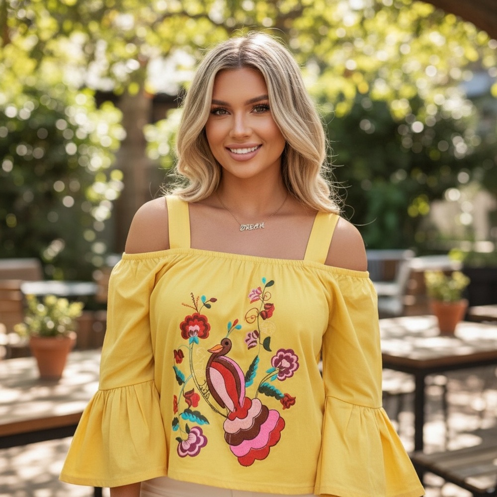 Vava by Joy Han Yellow Boho Embroidered Bird & Floral Off-the-Shoulder Size S